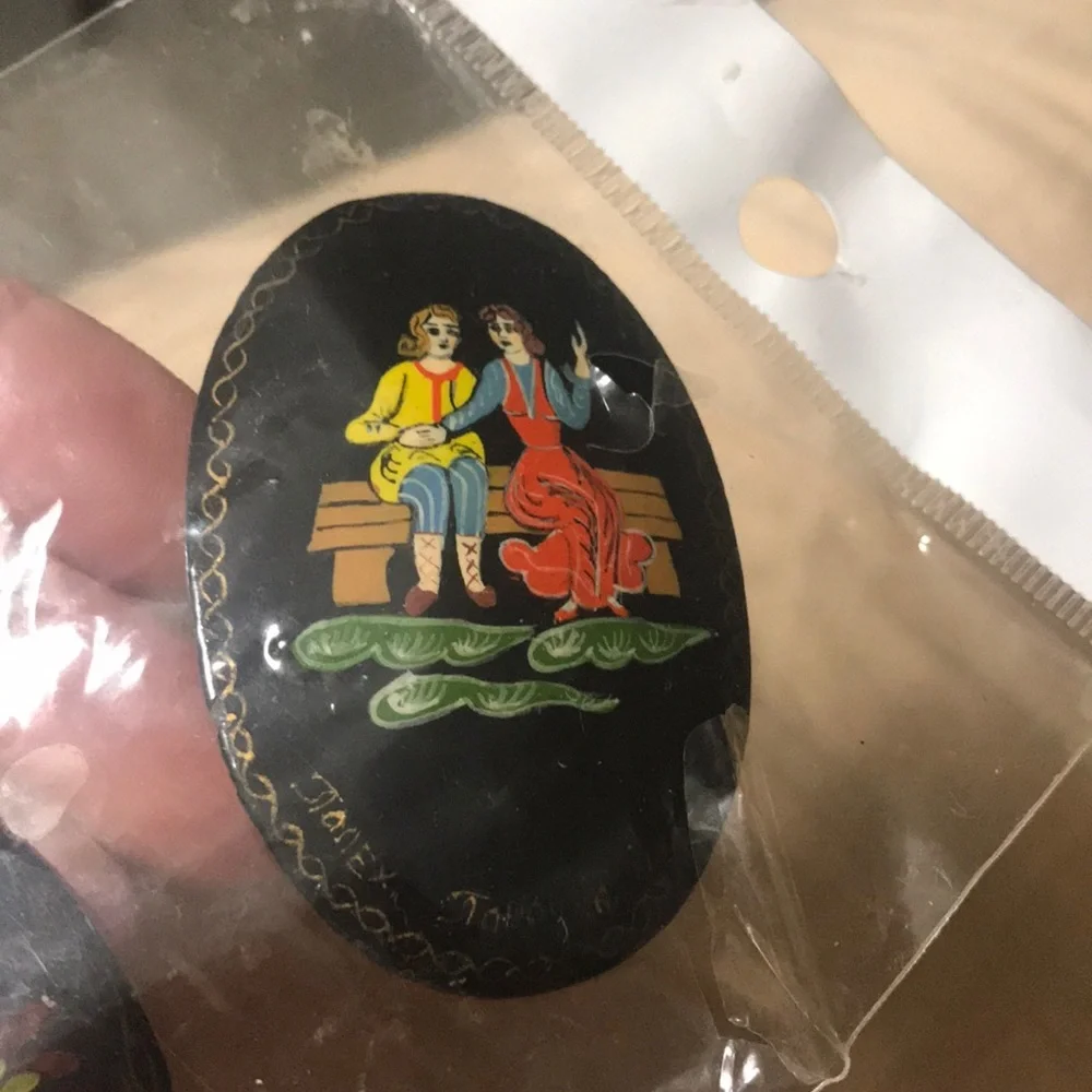 2 Russian brooches lacquer handpainted artisan signed collectors set Vintage